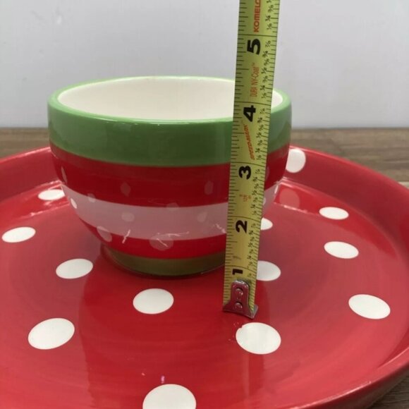 Red Peppermint Swirl Footed Cake Stand Plate Pedestal Chip & Dip Bowl - Picture 3 of 6
